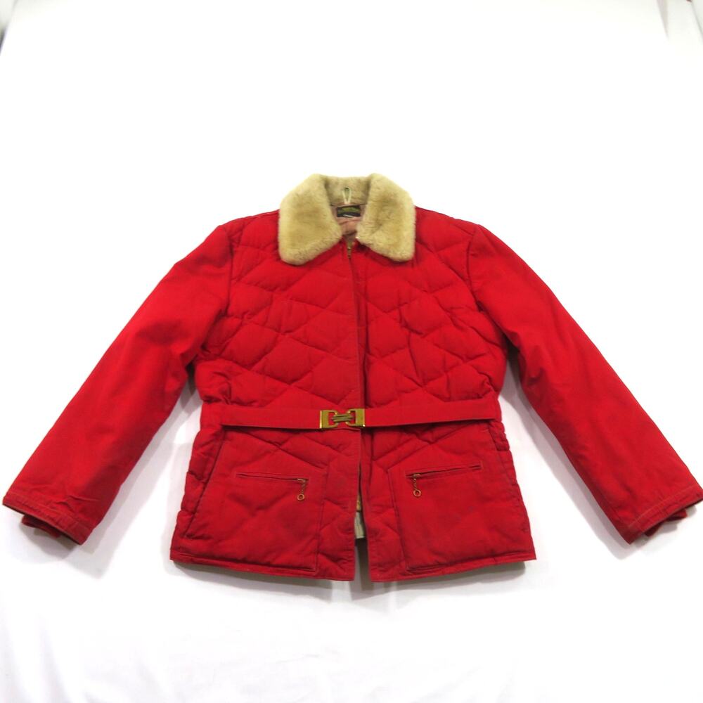 Comfy Quilted Puffer Jacket Sherpa Collar Red Belted Coat Zip Up Sz 18 1960s